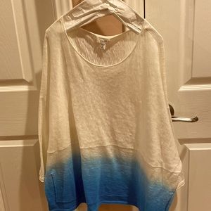 JJill casual top.  Oversized. Linen blend. 3/4 length sleeves. kangaroo pocket